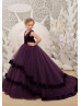 Deep Purple Velvet Tulle V Back Flower Girl Dress